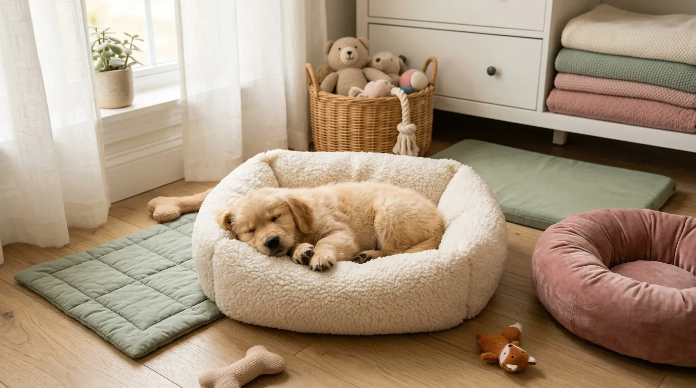 Chiot doré dormant dans un lit beige confortable