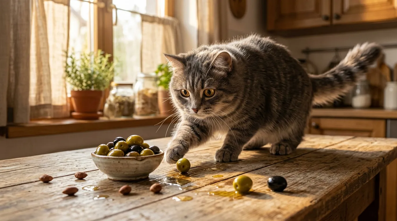 Chat tabby examinant des olives sur une table de cuisine ensoleillée