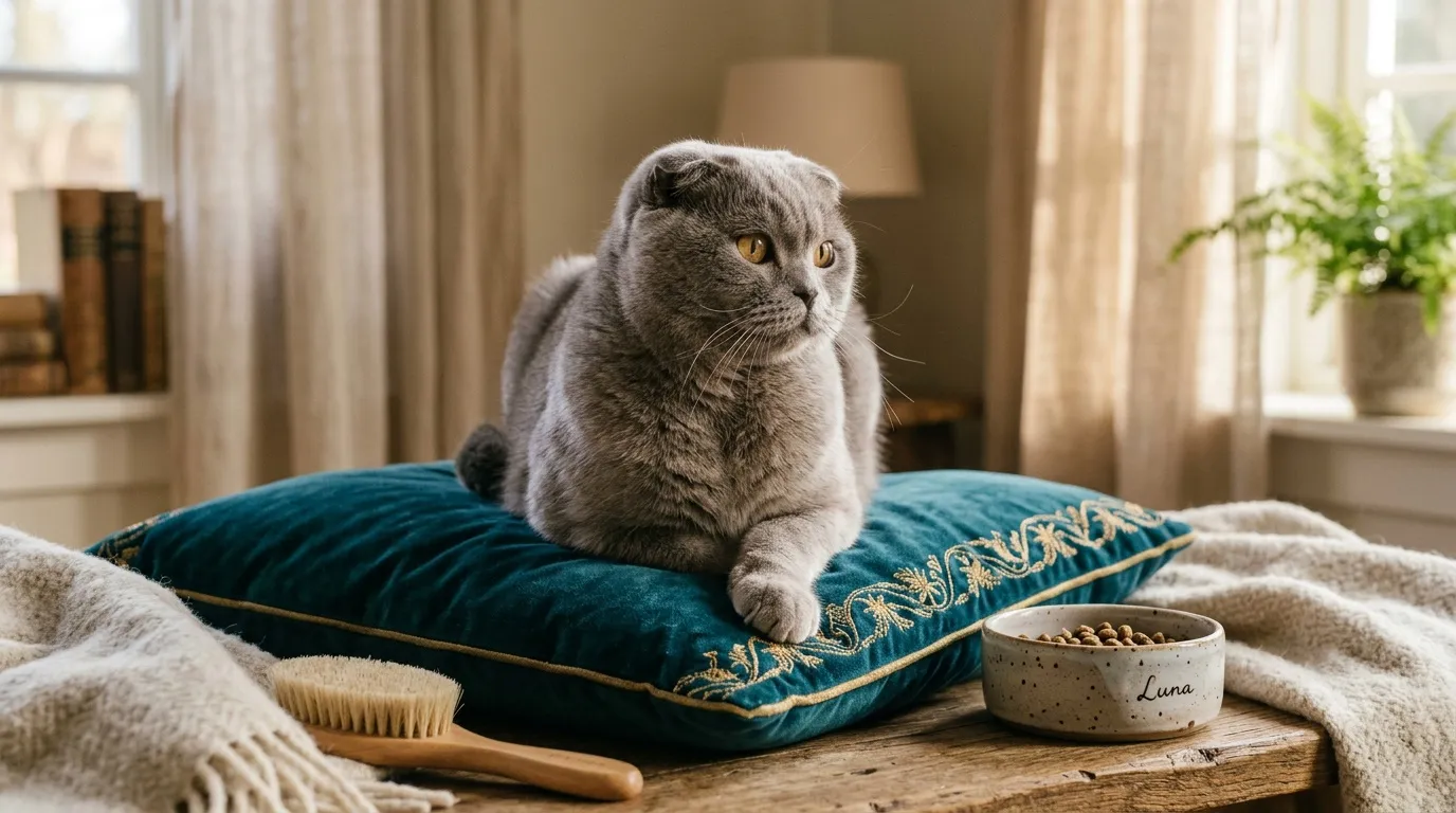 Chat gris aux oreilles repliées assis sur un coussin bleu turquoise