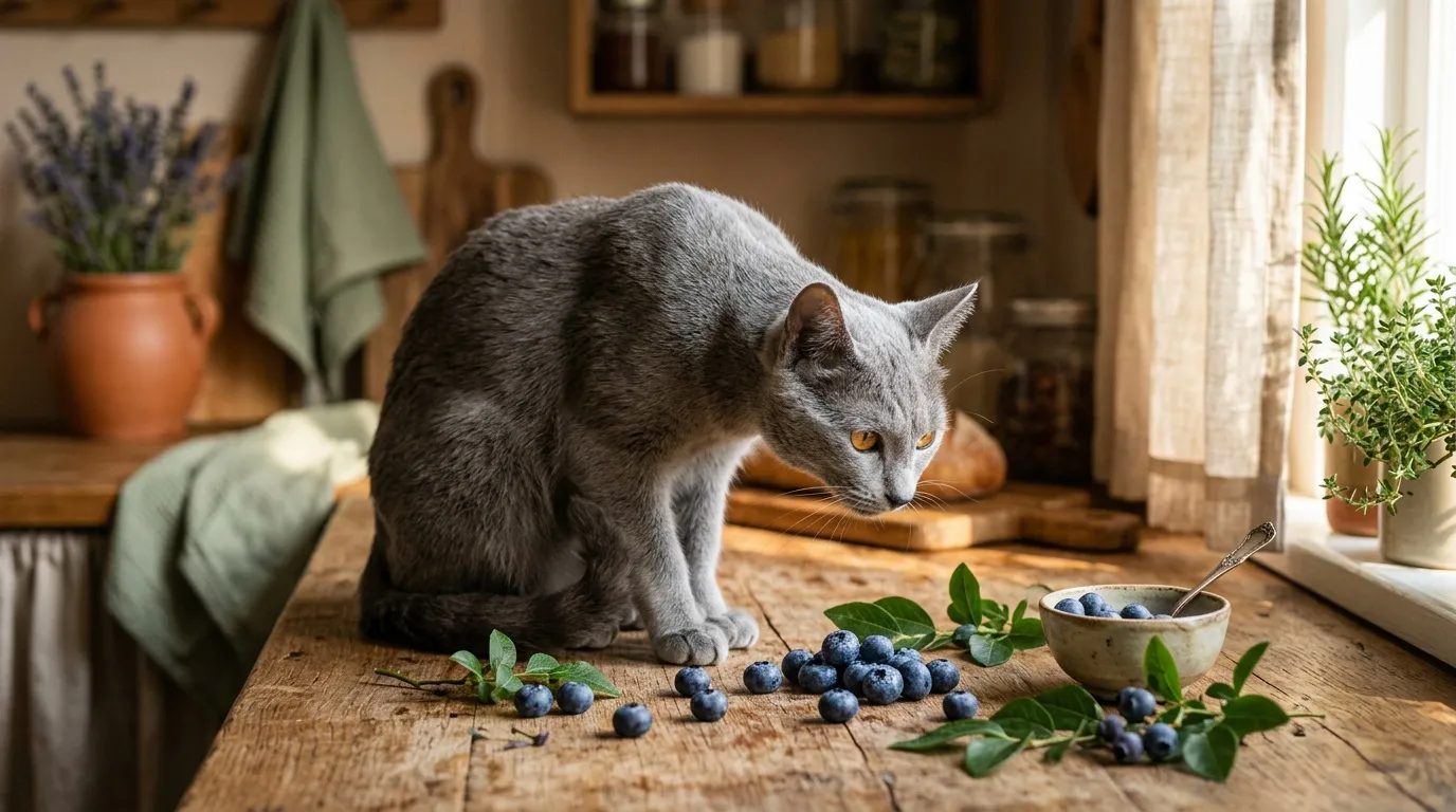 Chat gris observant des myrtilles sur une table en bois