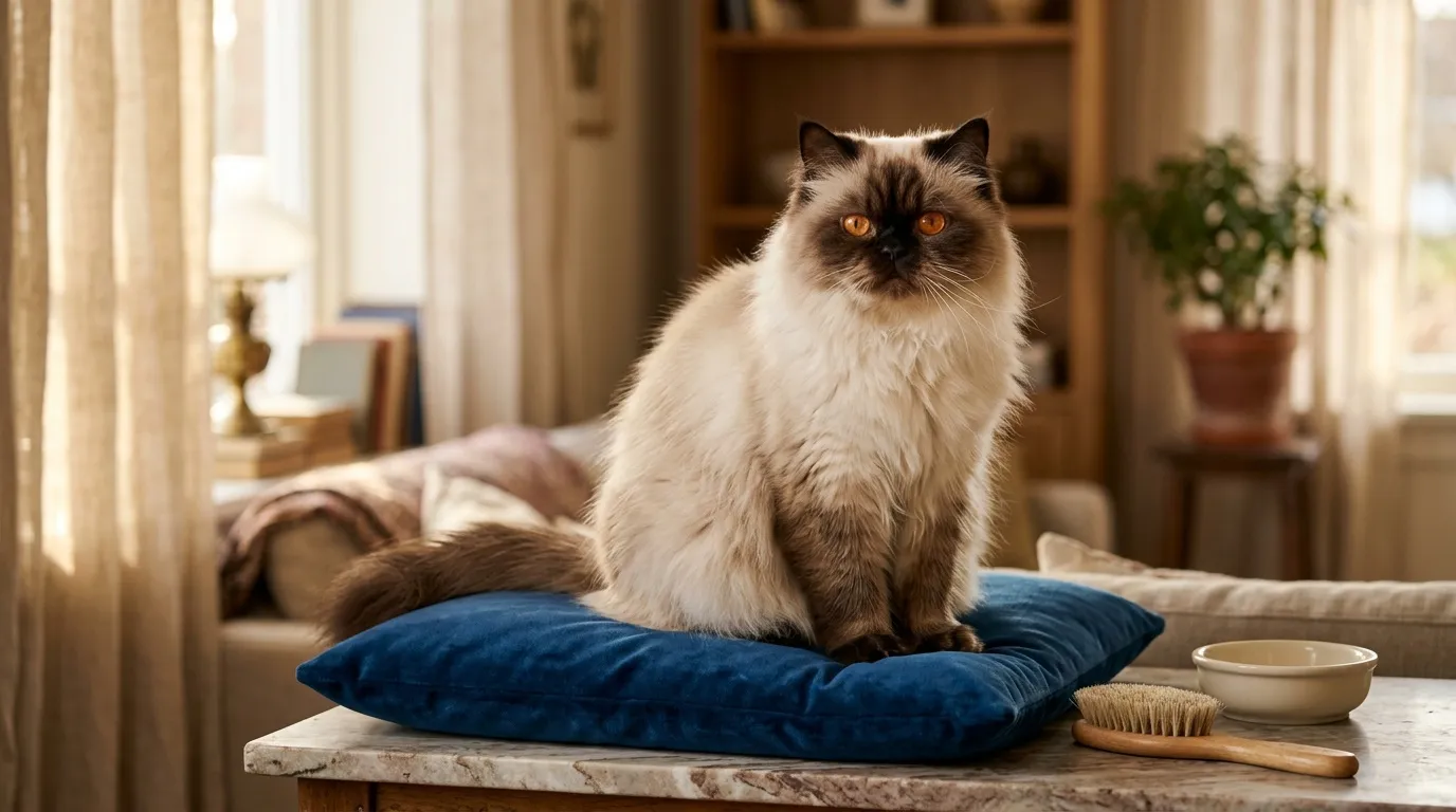 Chat blanc et marron aux yeux ambrés sur un coussin bleu