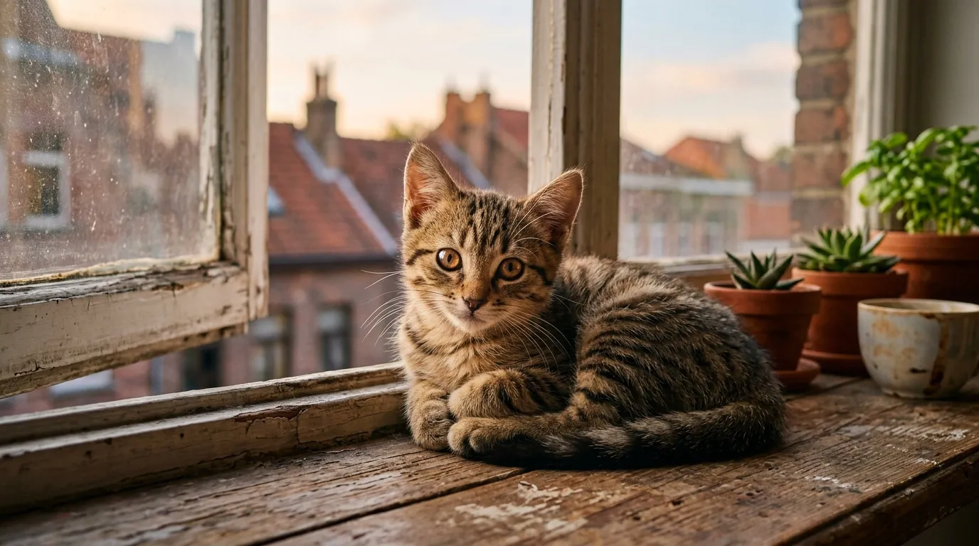 Petit chat tabby couché sur rebord fenêtre avec vue toits