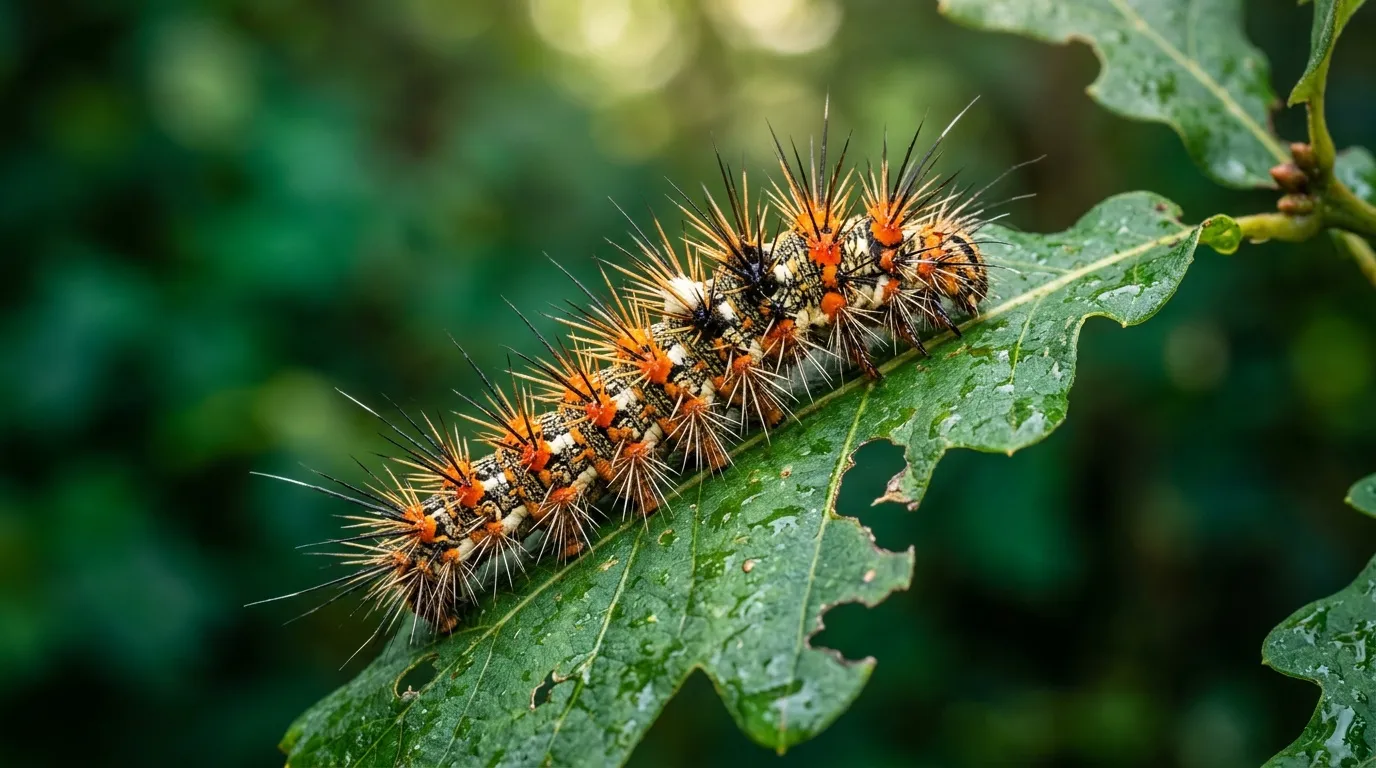 Chenille hérissée de piquants oranges et noirs sur une feuille humide