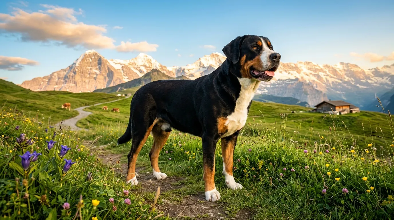 Chien tricolore debout dans prairie alpine avec montagnes