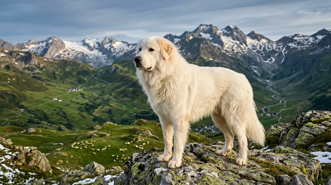 Grand chien blanc debout sur roche, montagnes enneigées arrière-plan