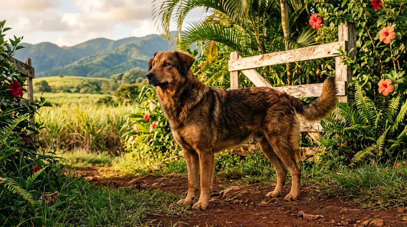 Chien brun debout dans jardin avec montagnes en arrière-plan