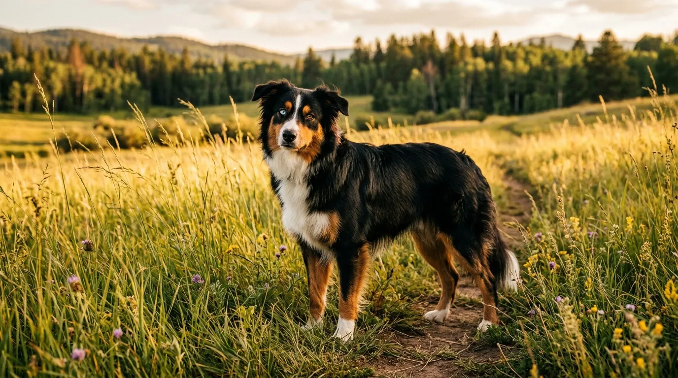 Chien noir et marron debout dans un champ herbeux avec montagnes