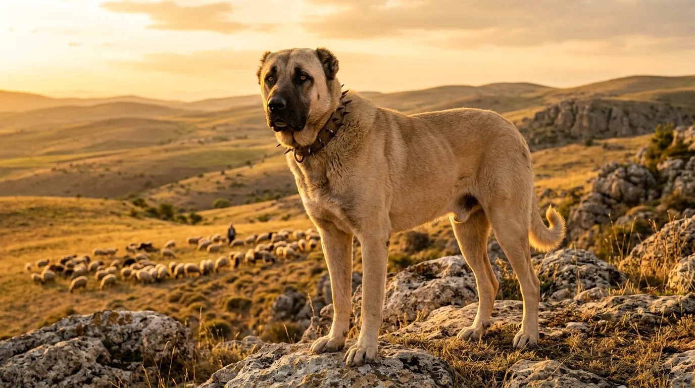 Grand chien blanc debout sur rocher montagneux au coucher soleil