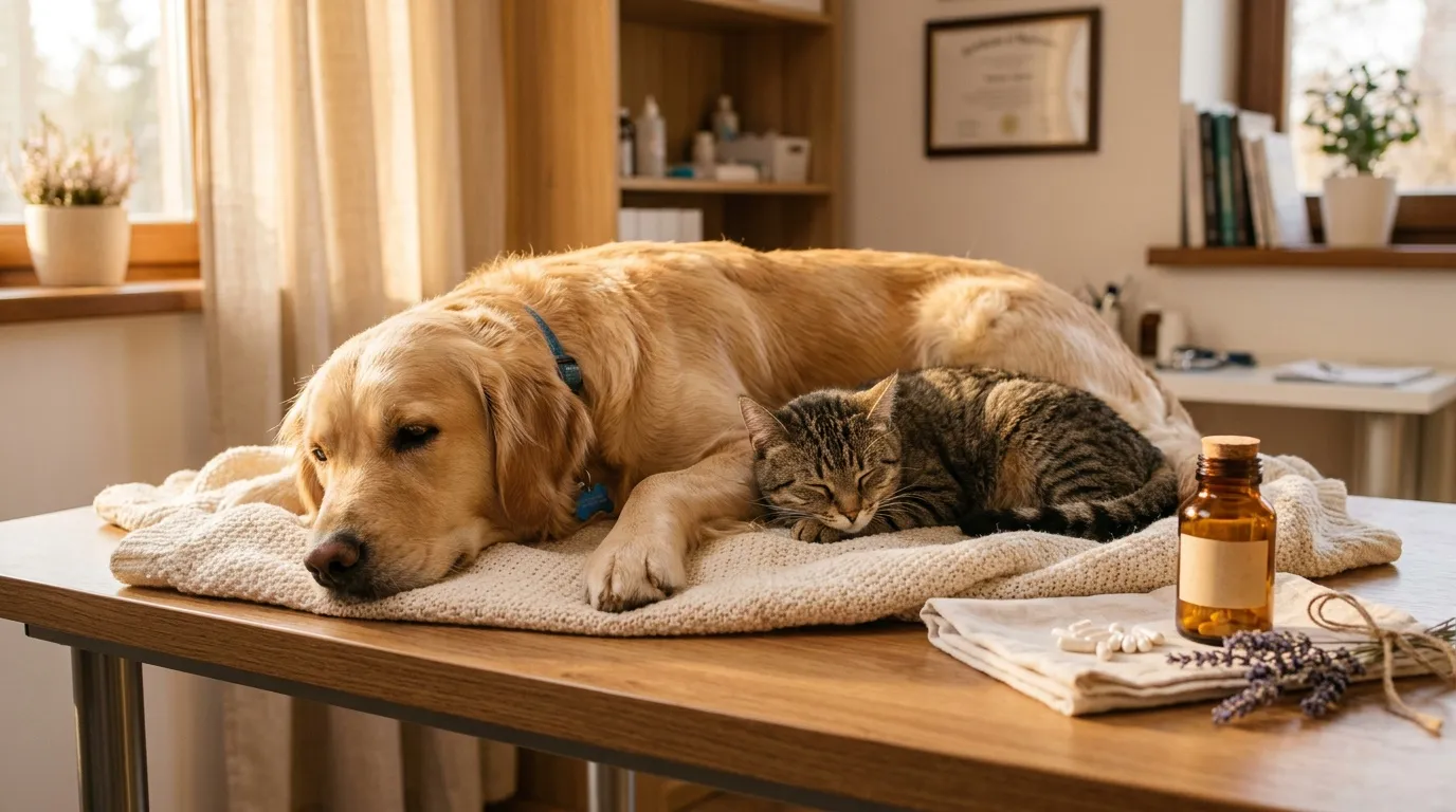 Golden Retriever et chat tabby reposant ensemble sur table médicale