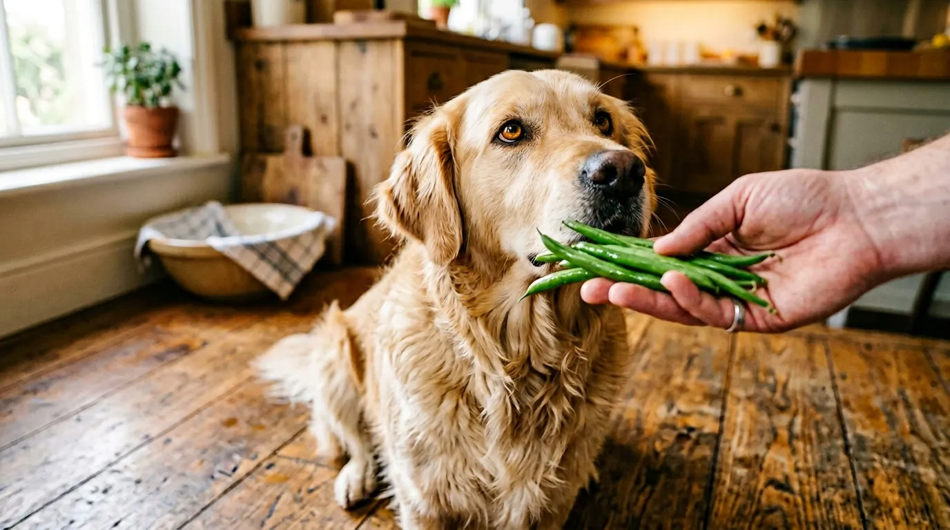 Golden Retriever mangeant des haricots verts frais en cuisine