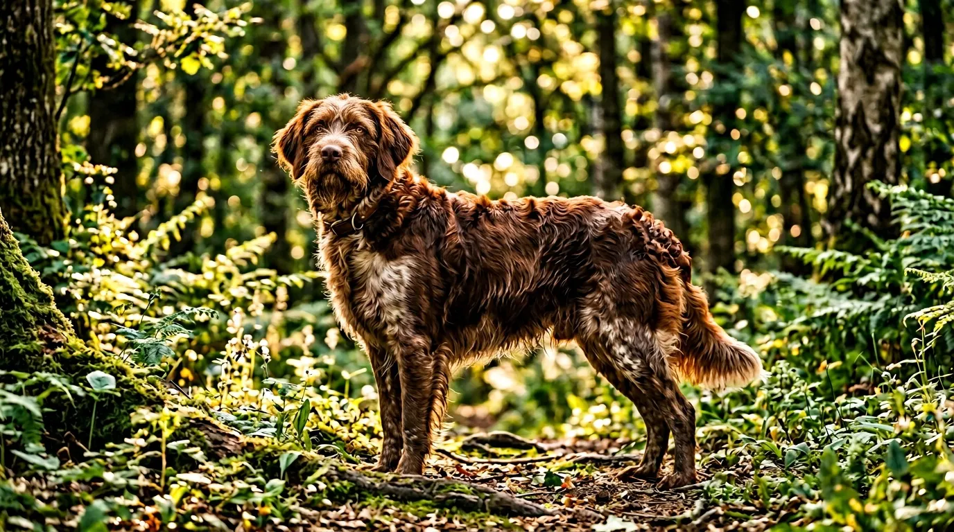 Chien brun poilu debout dans une forêt verte lumineuse