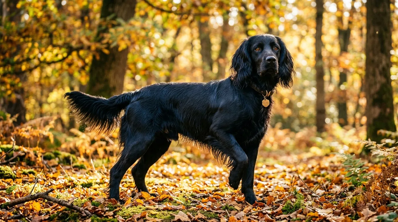 Chien noir debout dans forêt avec feuilles dorées automne