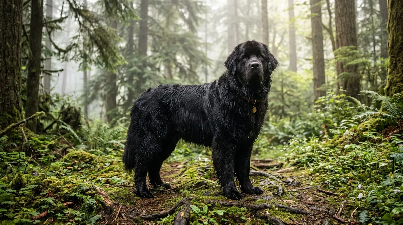 Chien noir debout dans une forêt de conifères avec mousse