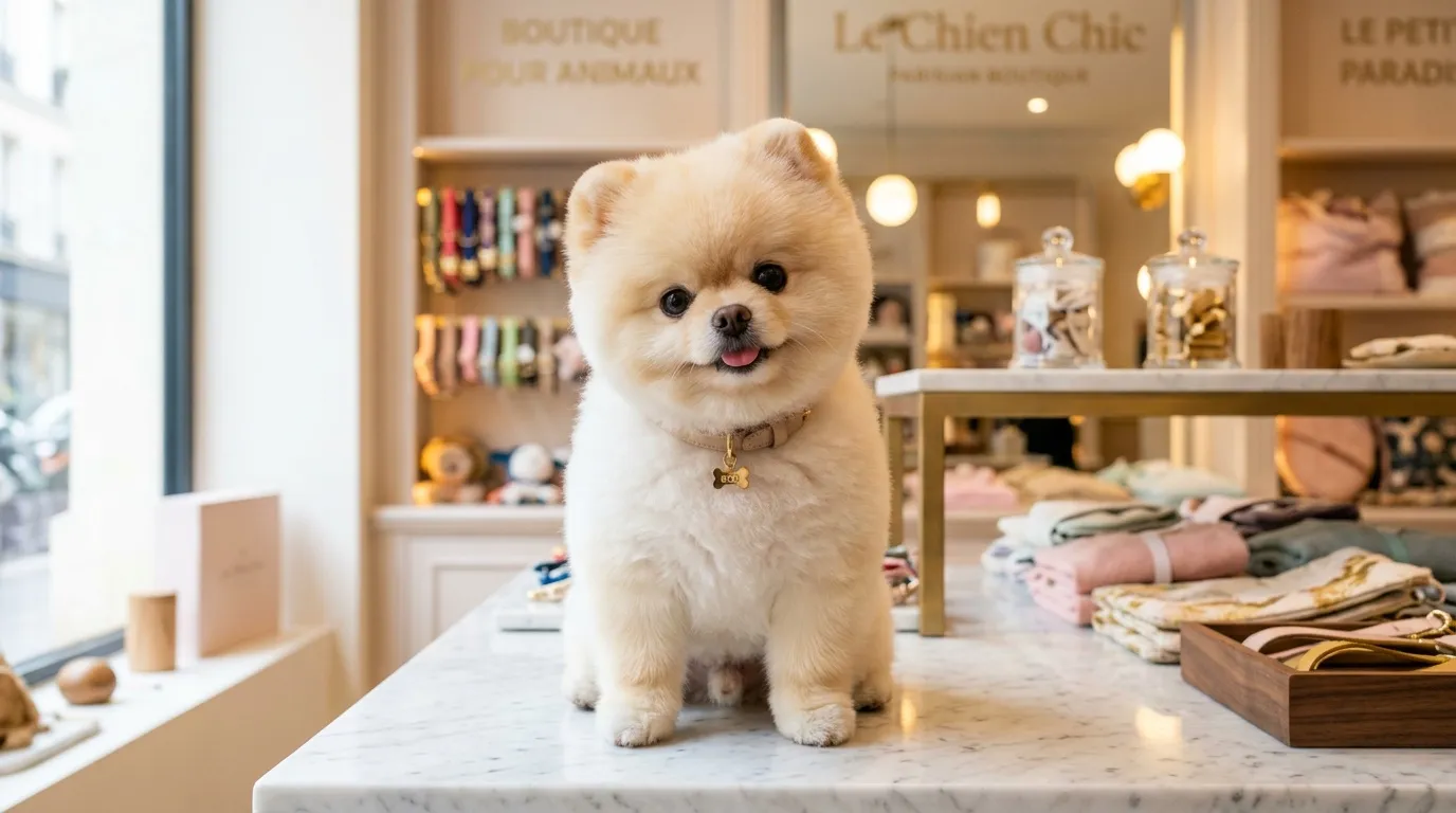 Petit chien blanc souriant sur comptoir de boutique élégante