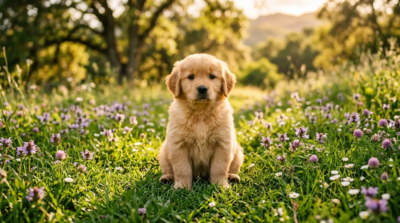 Jeune chien blond assis dans un champ de fleurs violettes