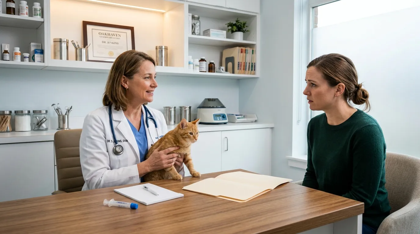 Vétérinaire examinant un chat roux avec sa propriétaire