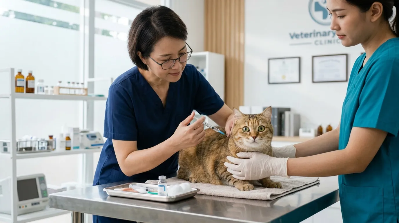 Deux vétérinaires examinent un chat tigré en clinique