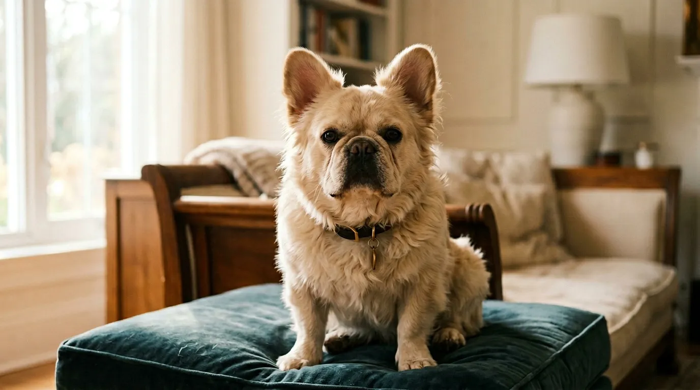 Corgi blanc posé sur un coussin bleu-vert dans un salon