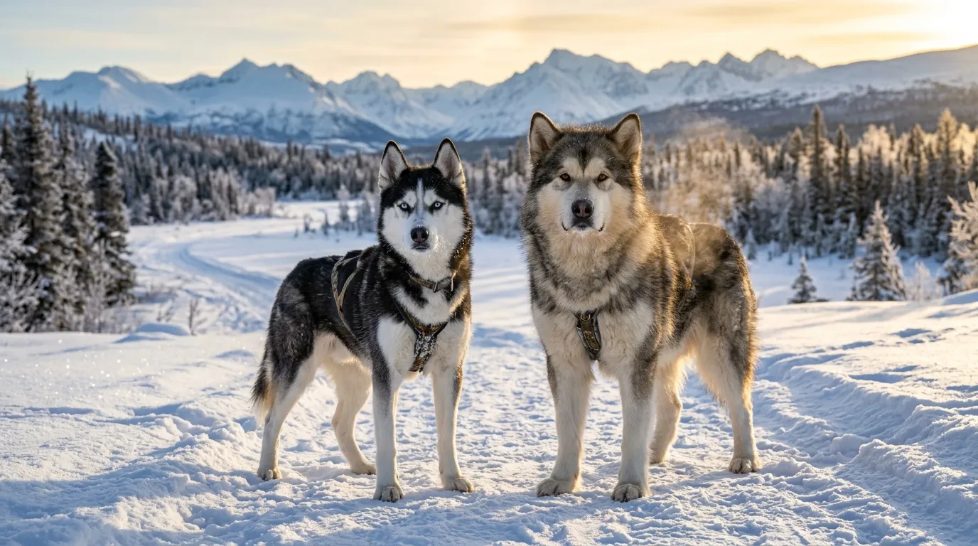 Deux chiens huskies posent dans un paysage enneigé montagneux