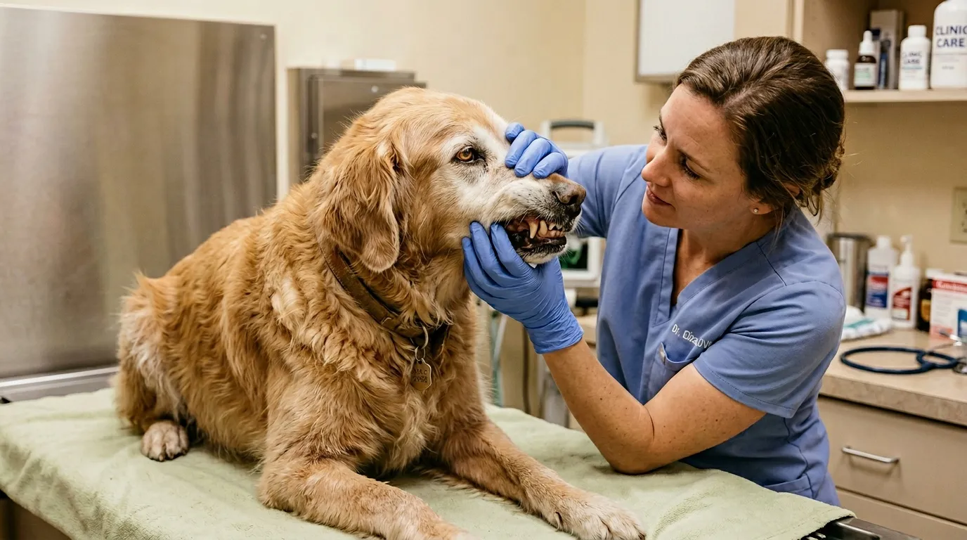 Vétérinaire examine les dents d'un Golden Retriever en clinique