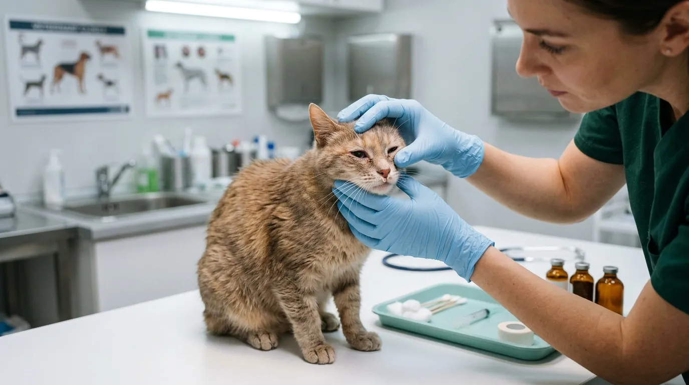 Vétérinaire examine chat gantée en clinique