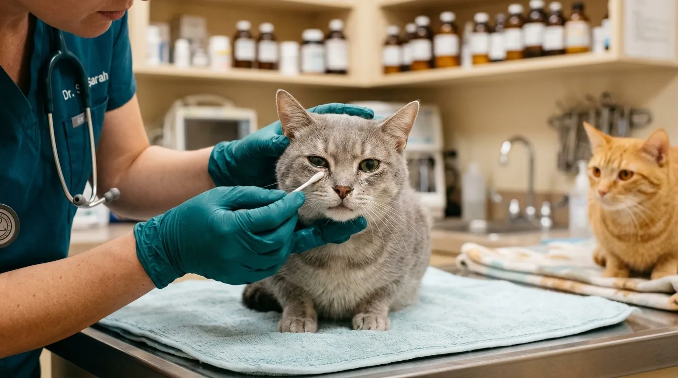 Vétérinaire examine chat gris en clinique avec collègue présente