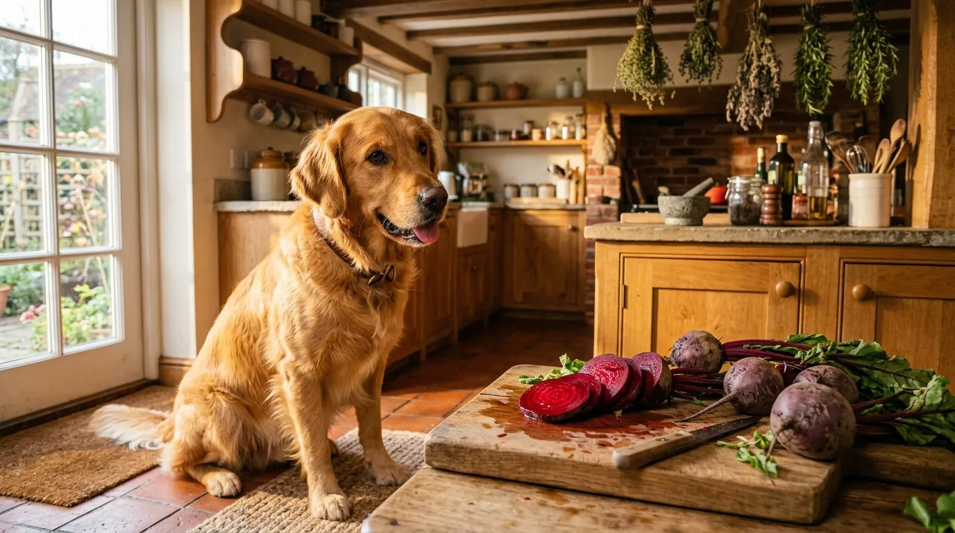 Golden Retriever assis en cuisine avec betteraves tranchées sur planche