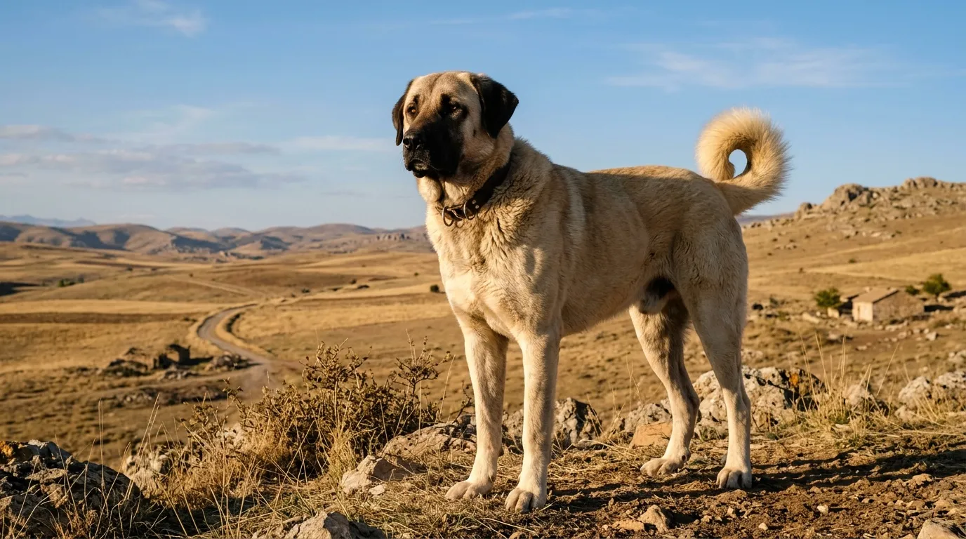 Chien de race Labrador debout dans un paysage aride et montagneux