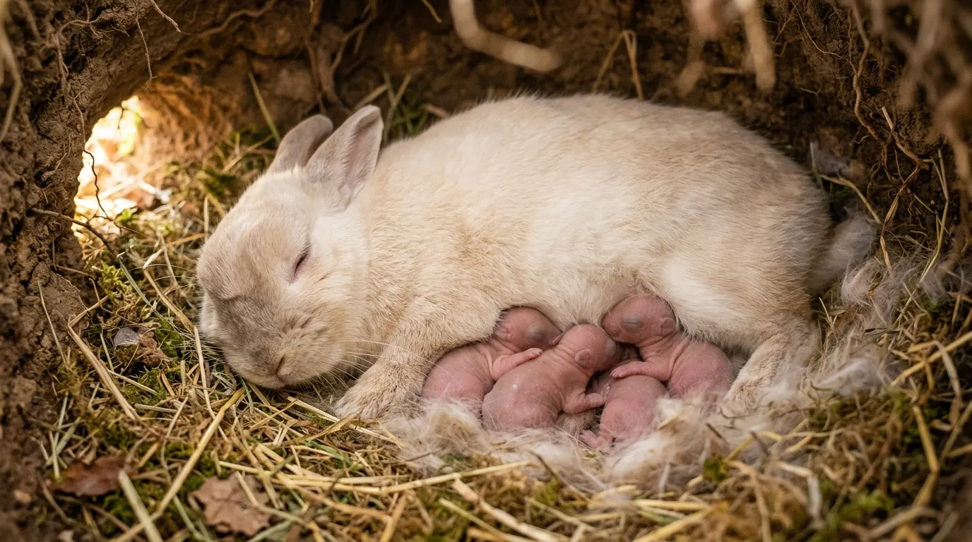 Mère lapin blanc avec ses petits lapereaux roses
