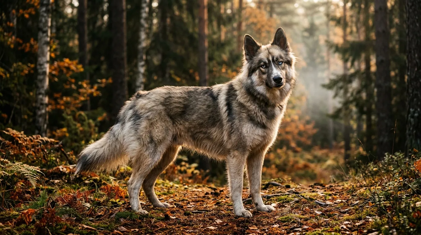 Loup gris debout dans une forêt automnale parsemée de feuilles oranges