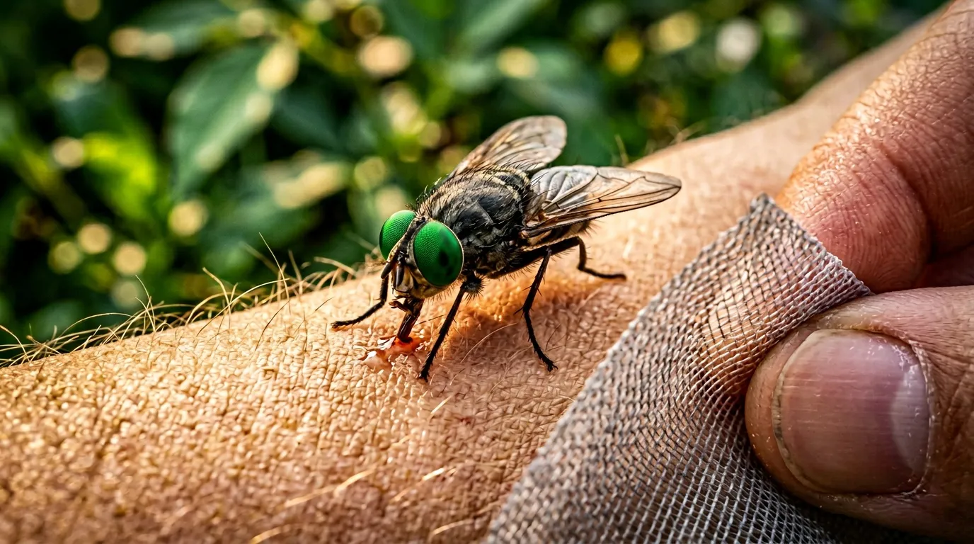 Mouche noire avec yeux verts posée sur une main humaine