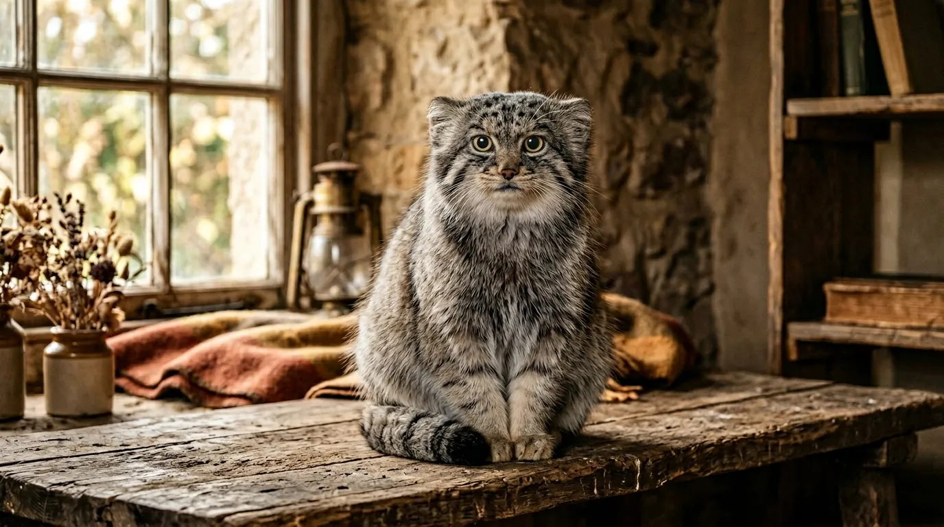 Chat sauvage aux yeux verts assis sur une table en bois