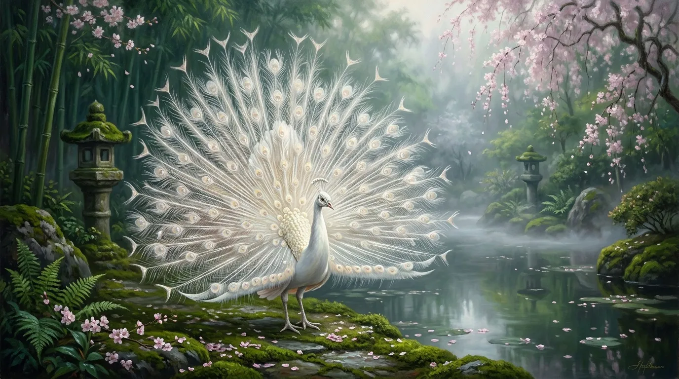 Paon blanc aux plumes déployées dans un jardin asiatique serein