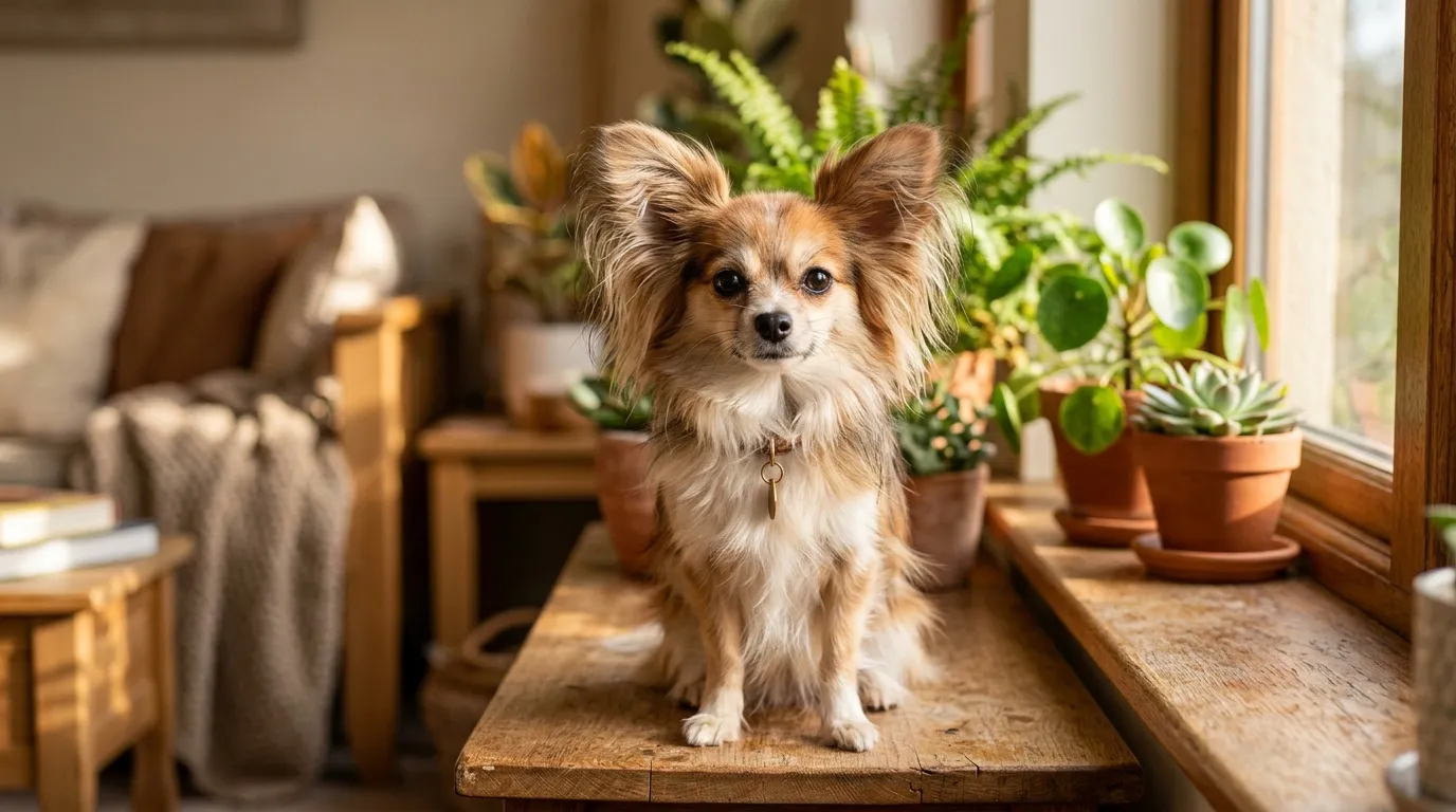Petit chien aux oreilles pointues dans un salon végétal