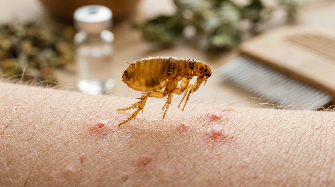 Puce infectée sur peau avec marques rouges de piqûres