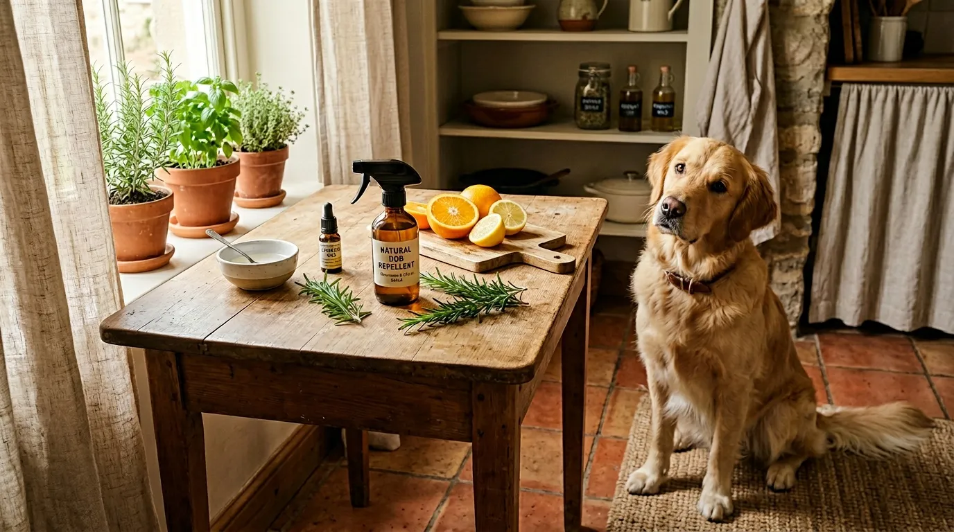 Golden Retriever à côté de produits répulsif naturel et agrumes