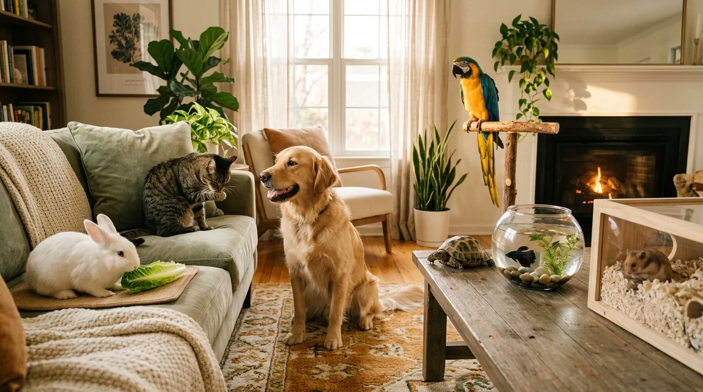 Chien, chat, lapin et perroquet dans un salon ensoleillé
