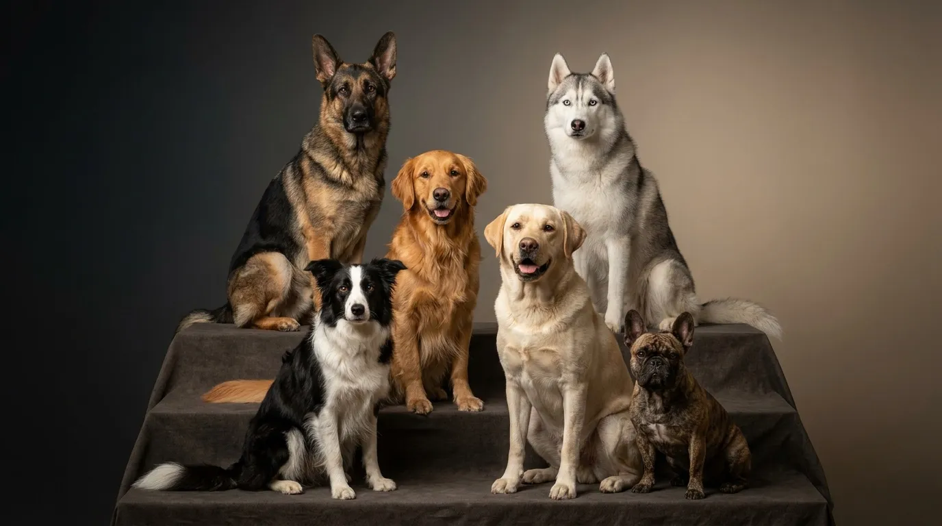 Groupe de six chiens posant ensemble sur podium noir