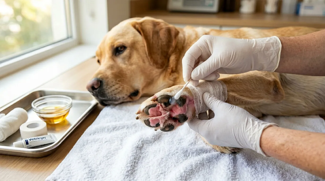 Vétérinaire examine la patte d'un Labrador doré à domicile