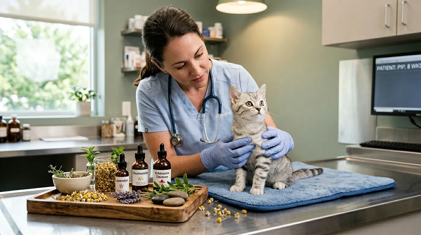 Vétérinaire en blouse bleue examine un chaton tigré en clinique